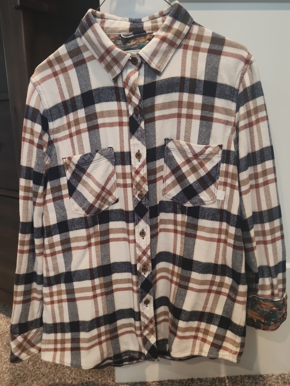 Soft Plaid Flannel Button-Down Shirt - Cream, Brown, Rust & Navy